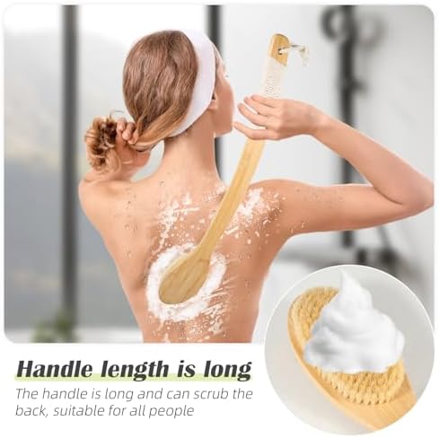 Bath Body Brush Shower, 22" Super Long Curved Bamboo Handle Antiskid Back Body Scrubber Wet/Dry Brushing, Moderately Soft Natural Bristle Body Brush for Showering
