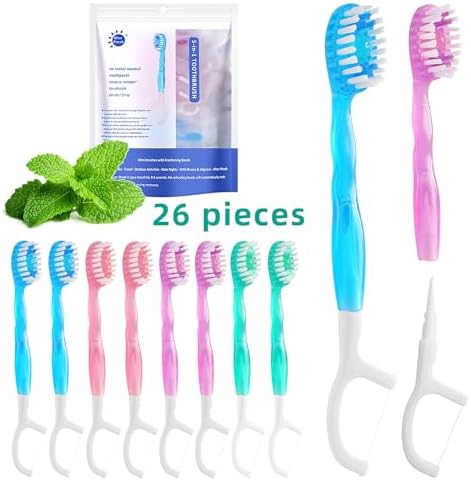 Small Toothbrush Disposable with Toothpaste,Tongue Scrapers,Floss and Pick.Travel Tooth Brush Pack for Work or Travel.Individually Wrapped, 26 Count, Mint and Three Other Fruit Flavors