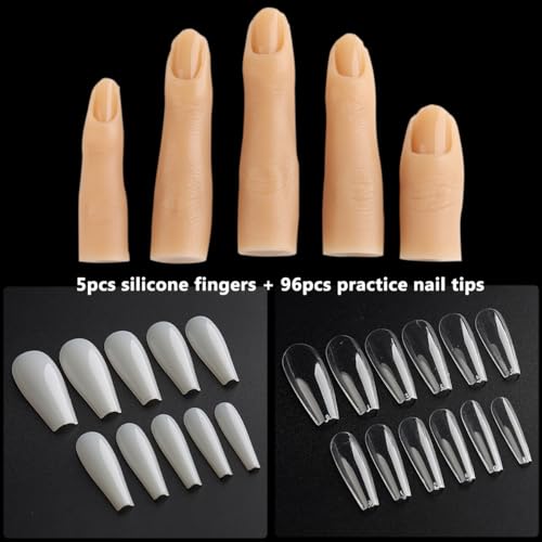 Silicone Practice Fingers for Acrylic Nails, 5PCS Soft Fake Fingers for Nails With 96PCS False Nail Tips, Nail Training Mannequin Finger, Nail Practice Hand for Acrylic Nail Kit