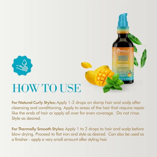 Mielle Organics Mango & Tulsi Nourishing 3-in-1 Hair Serum - Hair & Scalp Serum for Frizz Control, Split Ends & Moisture Balance - Strengthens & Seals Cuticles with Nutrients (12 Fl Oz)