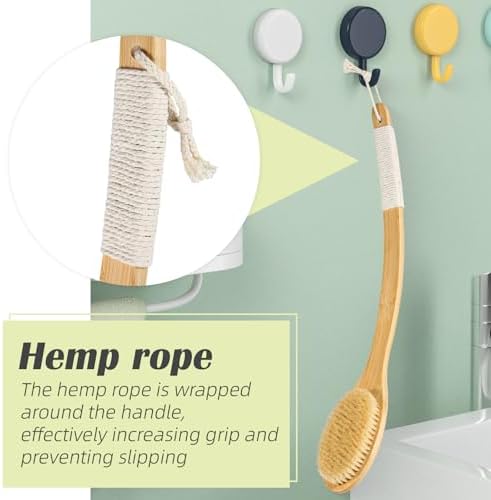 Bath Body Brush Shower, 22" Super Long Curved Bamboo Handle Antiskid Back Body Scrubber Wet/Dry Brushing, Moderately Soft Natural Bristle Body Brush for Showering