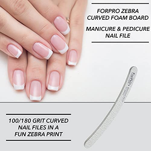 ForPro Professional Collection Zebra Curved Foam Board, 100/180 Grit, Double-Sided Manicure and Pedicure Nail Files, 7” L x .75” W, 50-Count