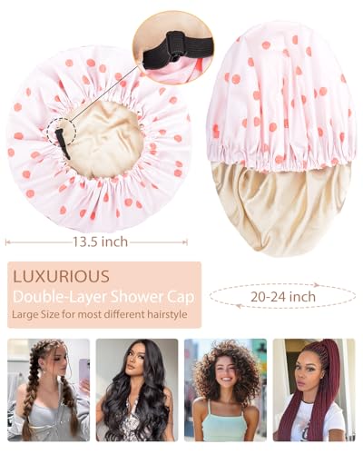 Shower Cap Large Shower Caps for Women Reusable Waterproof with Adjustable Band Double Layer Design Large Luxury Washable Bath Hair Bonnet (Pink Dot)