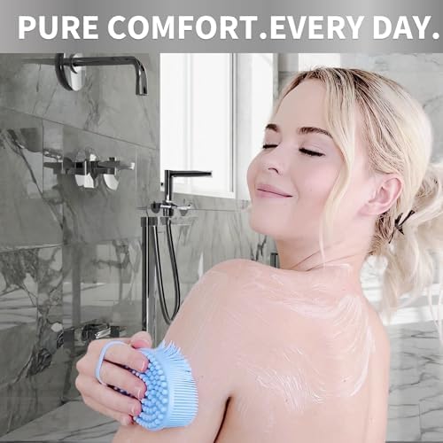 Avilana Silicone Body Scrubber – Silver-Infused Gentle Shower Brush & Loofah Alternative – Fast-Drying, BPA-Free Silicone Body Exfoliator for Sensitive Skin – for Men & Women (Blue, Massage)