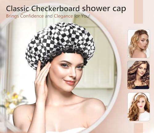 mikimini Shower Cap for Women, Reusable, Double Layers Waterproof Bathing Shower Hat with Soft Comfortable PEVA Lining, Non-fading, Stretchy & Shower Cap for Long Hair Medium Pack of 2, Checkered