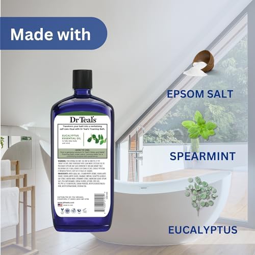 Dr. Teal's Eucalyptus and Spearmint Foaming Bath 34oz Bottles (Pack of 2) with Variety Junction Premium Bath Sponge - Relax and Relief, Bubble Bath, Relaxing, Men's and Women's, Clear