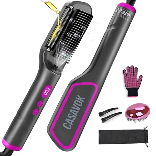 Hair Straightener Brush with Negative Ion,3 IN1 Hair Straightening Brush with Essential Oil Infusion,Brush Straightener for Women,Dual Voltage for Travel, Anti-Scald,9 Digital Temp-Setting