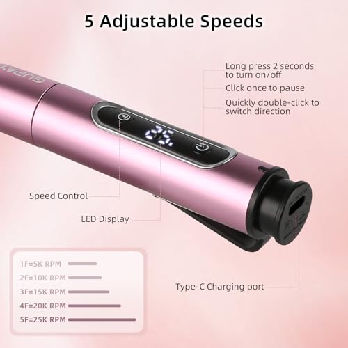 Electric Nail Files Cordless, Professional Nail Drill Machine for Acrylic Nails Gel with 5 Speeds, Portable Rechargeable E File Manicure Pedicure Kit Gifts for Girl Women Beginners