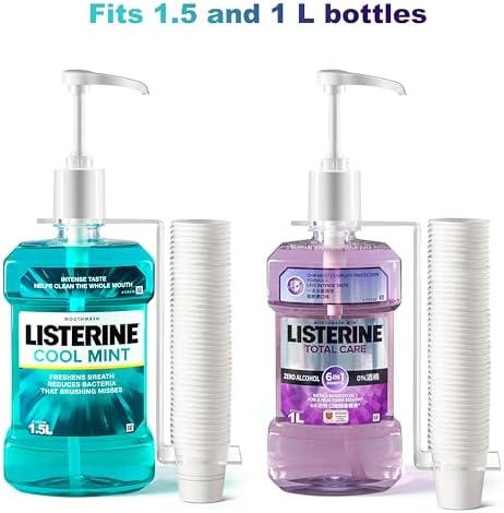 Practical Mouthwash Dispenser Specially Designed to Fit Only Listerine 1.5 or 1 L Bottles with Cups, Holder, and Pump.