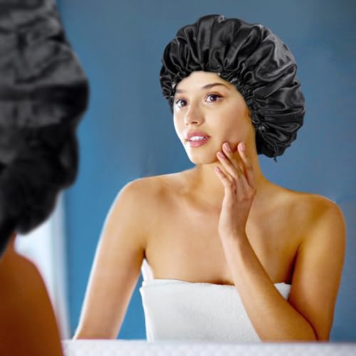 Satin Silk Bonnet for Curly Hair Braid Bonnets for Sleeping for Women Large Double-Layer Adjustable(Black&Blue Zircon)