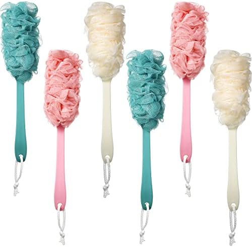 6 Pieces Back Scrubber for Shower, Long Handle Loofah Sponge Brush, Loofah on a Stick for Men Women Elderly, 17 Inch Soft Nylon Mesh Bath Body Brush Exfoliating Bathing Accessories, 3 Colors