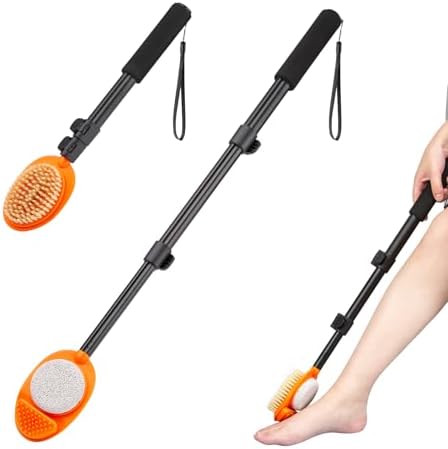 Foot Scrubber with Pumice Stone, 3 in 1 Adjustable Aluminum Tube 15”-28” Shower feet Dead Skin Remover, Foot Cleaning Brush for Seniors,Elderly, Disabled Men and Women