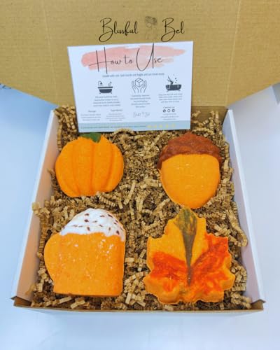 4 pcs Fall Bath Bomb Gift Box, 5oz Pumpkin Bath Bomb, 5oz Mapple Leaf Bath Bomb, 5oz Acorn Bath Bomb, 50z Pumpkin Spice Latte Bath Bomb,