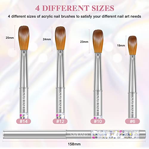 SAVILAND Kolinsky Acrylic Nail Brush Set: Size 6,10,12,14 Professional Nail Brushes with Silver Handle for Acrylic Powder Application Extensions & 3D Carving Home Salon Manicure DIY Nail Art Tools