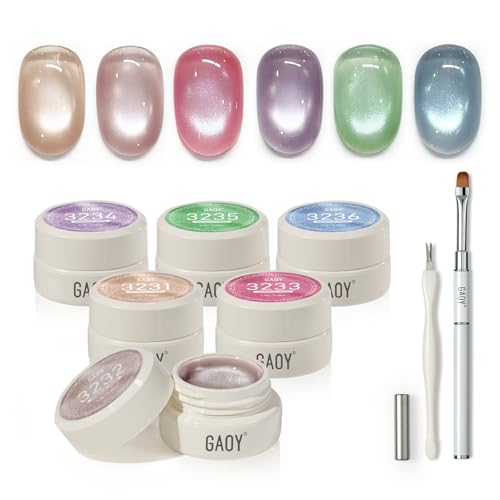 GAOY Sheer Silk Cat Eye Gel Nail Polish Set, 6 Colors Jelly Pink Blue Green Holographic with Magnet, for Salon Manicure & Nail Art DIY at Home, Mermaid Prism
