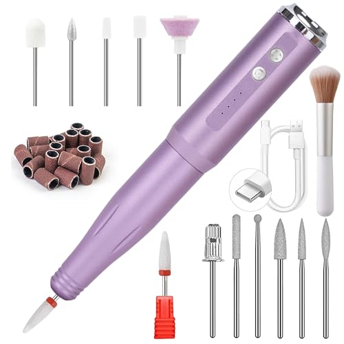 Nail Drill and Dremel - 14-in-1 Portable USB-Powered Nail Care Set with 20000RPM Speed for Gel, Dip Powder, Manicure, Pedicure, Shaping & Polishing, in Elegant Purple