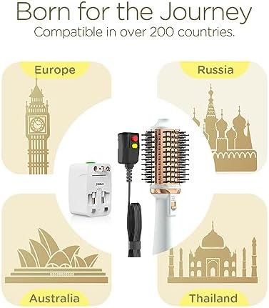 Plavogue Dual Voltage Blow Dryer Brush for European Travel,110V-240V Hot Air Brush with Volumizer, Negative Ionic Anti-Frizz - Styling Brush with Ceramic Coating for Long/Mid Hair Types, Oval Shape