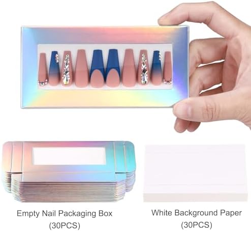 Noverlife 30PCS Empty Press on Nail Package with 30PCS Pullable White Paper Trays, False Nail Packaging Box with Clear Window, Nail Tip Package Boxes for Nail Salon Bussiness - Holographic