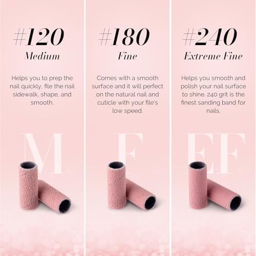 MelodySusie 50 Pcs Nail Drill Bits Super Long Sanding Bands with 6.65mm Crystal Mandrel Bit, 180 Fine Grit Nail File for Acrylic Nails Gel Manicures and Pedicure, Pink