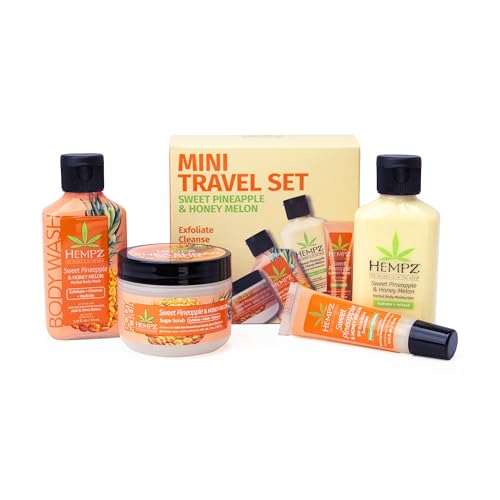 Hempz Mini Sweet Treats, Travel Kit, Mini Body Wash, Body Lotion, Body Scrub and Lip Balm, Sweet Pineapple Honeymelon Scent, 4 Piece Gift Set