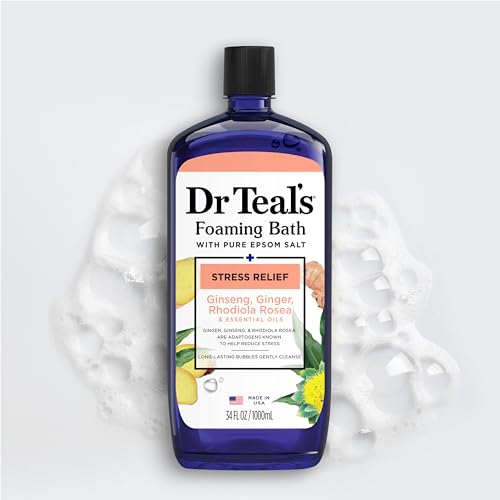 Dr Teal's Foaming Bath with Pure Epsom Salt, Stress Relief with Ginseng & Ginger, 34 fl oz (Pack of 4)