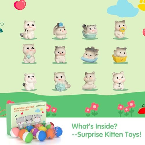 Bath Bombs for Kids, 12 Pack Natural Bath Bombs with Toys Inside, Organic Kids BathBombs with Surprise Cat Kitten Toys Inside, Toddler Bubble Bath Fizzy Shower Bombs for Girls Boys Kids Gift Set