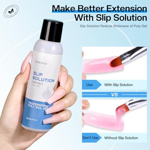 Morovan Poly Gel Slip Solution - 4oz Slip Solution for PolyGel Nails Anti-Stick Extension Gel Kit with Base Coat Top Coat Nail Cleaner Dual Nail Forms