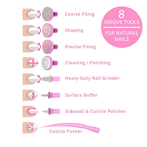 Electric Nail File Manicure & Pedicure Set: 2-Speed Battery Operated Nail File Kit w Portable Nail Drill Grinder, Buffer, Shaper, Polisher and Cuticle Pusher for Natural Finger Nails & Toe Nails Care