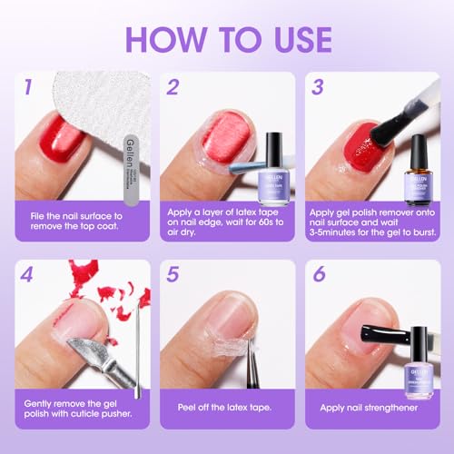 Gellen Gel Polish Remover Kit for Nails, 3-5 minutes Easy Quick Removal with Peel Off Liquid Latex Tape and Nail Strengthener Serum Repair Nourishing Thin Nails, No Need for Wrapping or Soaking