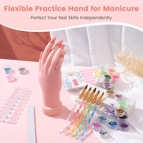 Acrylic Nail Kit with Everything: Beginners Practice Hand Acrylic Nail Powder Liquid Set with U V Lamp Drill in Gift Bag for Beginners Home Salon(Pink Bag)