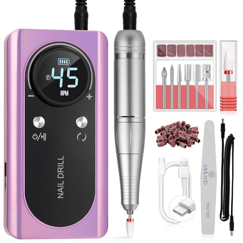 SAVILAND Electric Nail Drill Professional : 45000 RPM Pro Electric Nail File for Acrylic Nails Gel Polishing Removing, Portable Nail Drill for Manicure Pedicure, Nail Kit for Salon Nail Tech Must Have