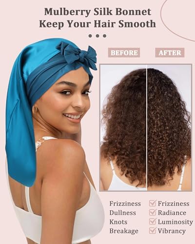 AWAYTR 100% Mulberry Silk Bonnet - Long Hair Cap for Sleeping Tie Band Bonnet for Braids Curly Hair
