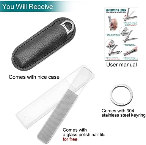 Nail Clippers for Natural Finger Nails Ultra Thin Mini Travel Portable Folding Wide Jaw Cutter with Glass Nail File Curved Trimmer for Fingernail Toenail, with Keychain(X021DB-S)