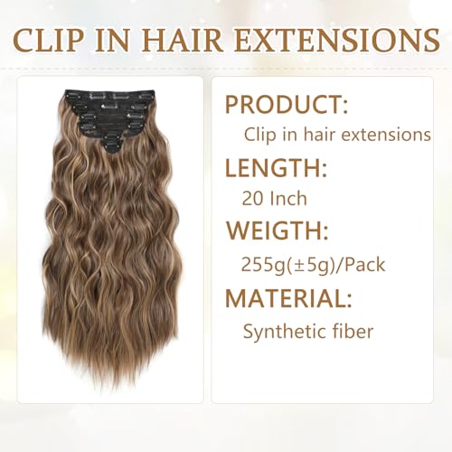 Clip in Hair Extensions for Women, 6PCS Long Wavy Curly Clip on Hair Extensions 20 Inch Honey Blonde Mixed Light Brown Synthetic Hairpieces