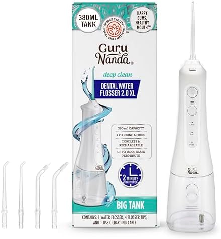 GuruNanda Water Dental Flosser 2.0 XL – 380ML Large Tank, 4 Flossing Modes, Cordless & Portable with Smart Timer for Deep Cleaning & Happy Gums - White