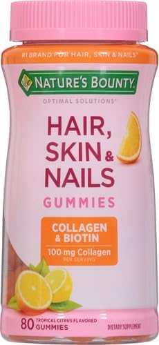 Nature's Bounty Optimal Solutions Hair, Skin & Nails with Biotin and Collagen, Citrus-Flavored Gummies Vitamin Supplement, 2500 mcg, 80 Ct (Pack of 2)