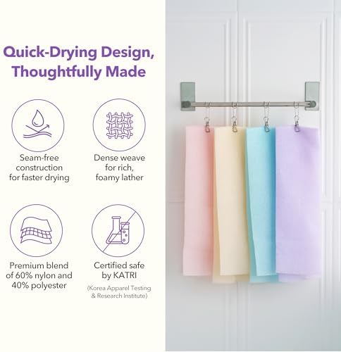 Korean Exfoliating Washcloths [4 Pack] – Daily Body Scrubber Towels for Shower, Back & Full-Body Use – Quick-Drying Bath Cloth for Glowing Skin