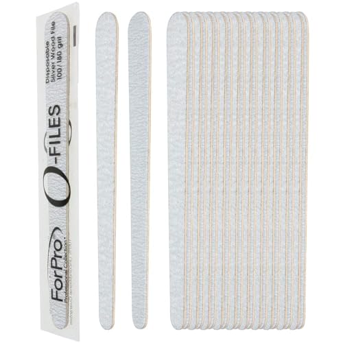 ForPro O-Files Wood Board, 100/180 Grit, Silver, Double-Sided Manicure & Pedicure Nail Files, 6” L x .75“ W, 100-Count