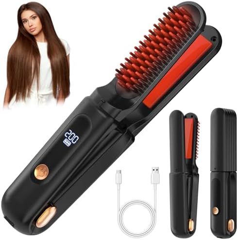 Cordless Hair Straightener Brush 3 in 1,Cordless Rechargeable Hair Straightener Comb Clip 5000mAh,Portable Travel Straightener,Mini Hot Straightening Comb for Women,Ceramic Coating,Black