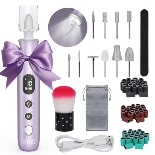 PELCAS Electric Nail Drills, 10 Speeds Cordless Nail File with LED Light, Portable Manicure & Pedicure Kit, Nail Grinder with LCD Screen for Human, Pet, Thick Toenails, Natural & Acrylic Nails Purple