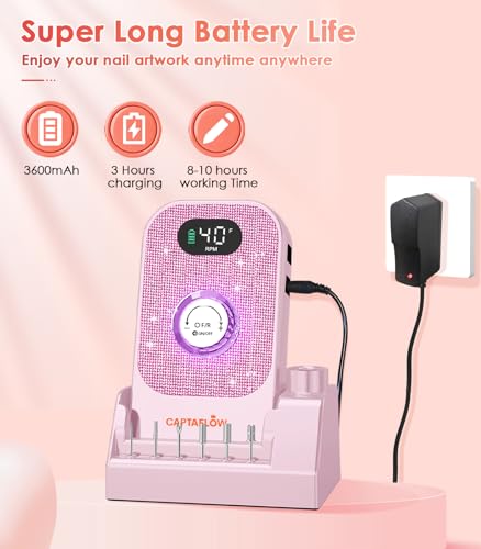 Portable Electric Nail Drill File: 40000RPM Professional Nail Drill with Bits & Base, Pink Diamond Rechargeable Nail E File Machine for Remover Gel Nail Polish Acrylic Nails Manicure for Salon Home