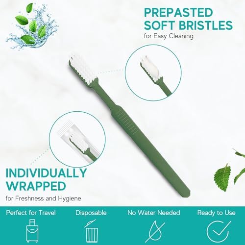 40 Prepasted Disposable Toothbrushes Individually Wrapped - Single Use Pre Pasted Disposable Toothbrushes with Toothpaste Built In - Waterless Toothbrush for Travel, Airbnb Guests, Hotel, & Camping