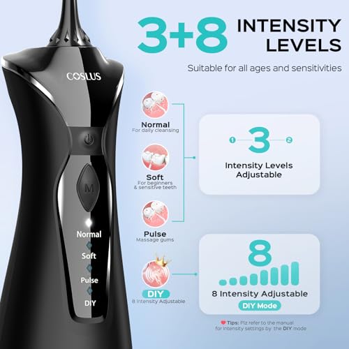 COSLUS Water Dental Flosser Pick for Teeth: 4 Modes Cordless Portable 300ML Larger Tank Water Teeth Cleaner IPX7 Waterproof Flossing Cleaning Picks for Home Travel Black C30(FC5360)