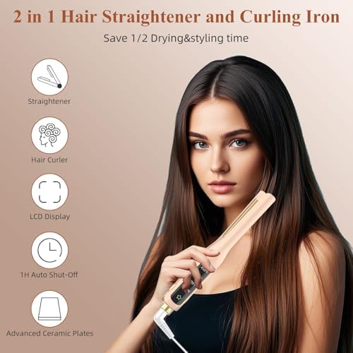 Flat Iron, 1/2 Inch Hair Straightener and Curler 2 in 1, Ceramic Ionic Floating Plates for Less Frizz, 10s Quick Heat Up, Hair straighteners for Women, Straightener for All Hair Types(Pink)