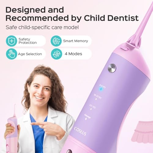 COSLUS Kids Water Dental Flosser Deep Cleaning Picks Portable 4 Modes for Ages 6+ Safe Waterproof Rechargeable with 2 Jet Tips for Gums Care Pink Purple