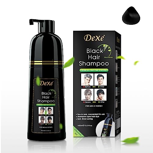 DEXE Black Hair Dye Shampoo for Gray Hair Coverage,Hair Color Shampoo for Men/Women,3 in 1-100% Grey Cover,Permanent Hair Shampoo,Herbal Ingredients and Ammonia Free,400ML(14 Fl oz)