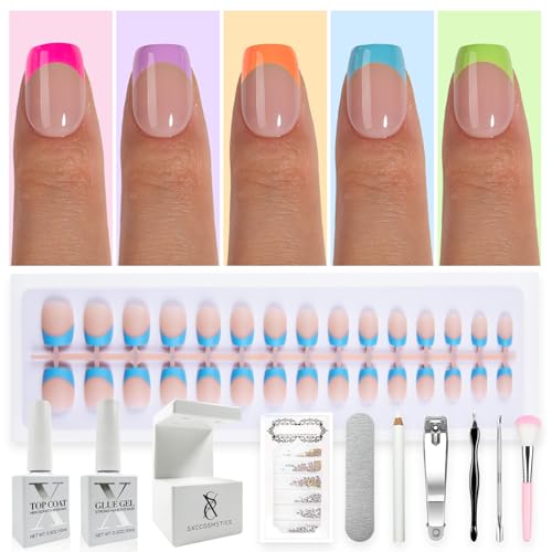 SXC Cosmetics X-Pro Tips French Tip Press On Nails - Bright Pastel Glow in the Dark Series (GLOW113KIT-XS Square)