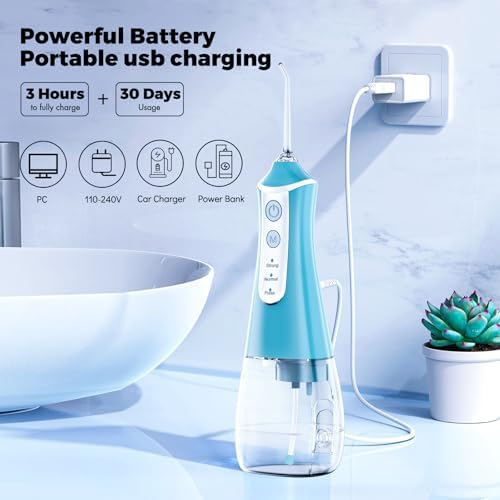 Cordless Water Flosser & Dental Pick for Teeth - 350ML Portable Oral Irrigator Tank Removable IPX7 Waterproof Home Travel Teeth Cleaner Professional Electric Flossing Machine - Blue