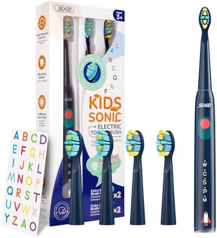 SEAGO Kids Electric Toothbrush, Sonic Soft Bristle Rechargeable Toothbrushes with DIY Stickers, 5 Modes, Includes 4 Replacement Brush Heads, Ages 3 to 12 Years Old (Navy)