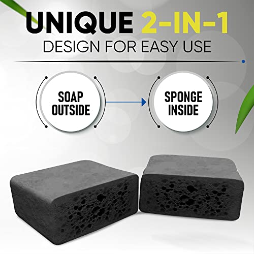 T.Taio Esponjabon Mother of Pearl and Charcoal Soap Sponges — Shower Scrubbers That Remove Oil and Dirt — Sponges to Scrub Foot, Elbow and Face — Bathroom Accessories — Fresh Scent (2-Pack)